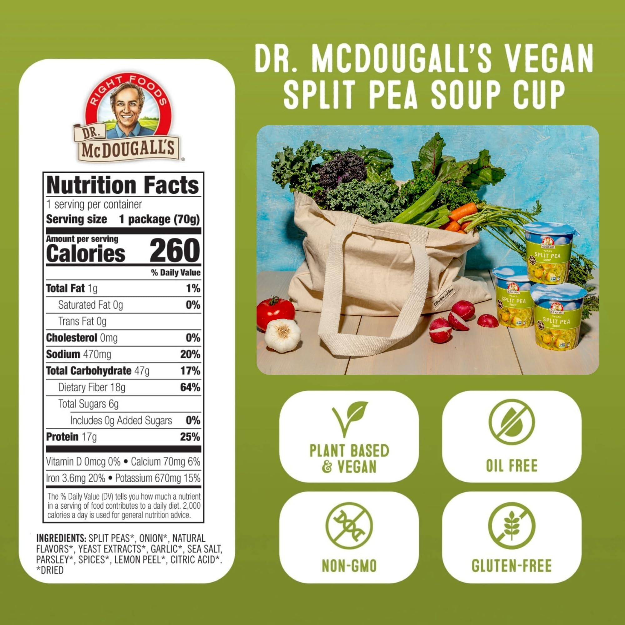 Dr. McDougall's vegan split pea soup cup — gluten-free, low-sodium option for on-the-go meals.
