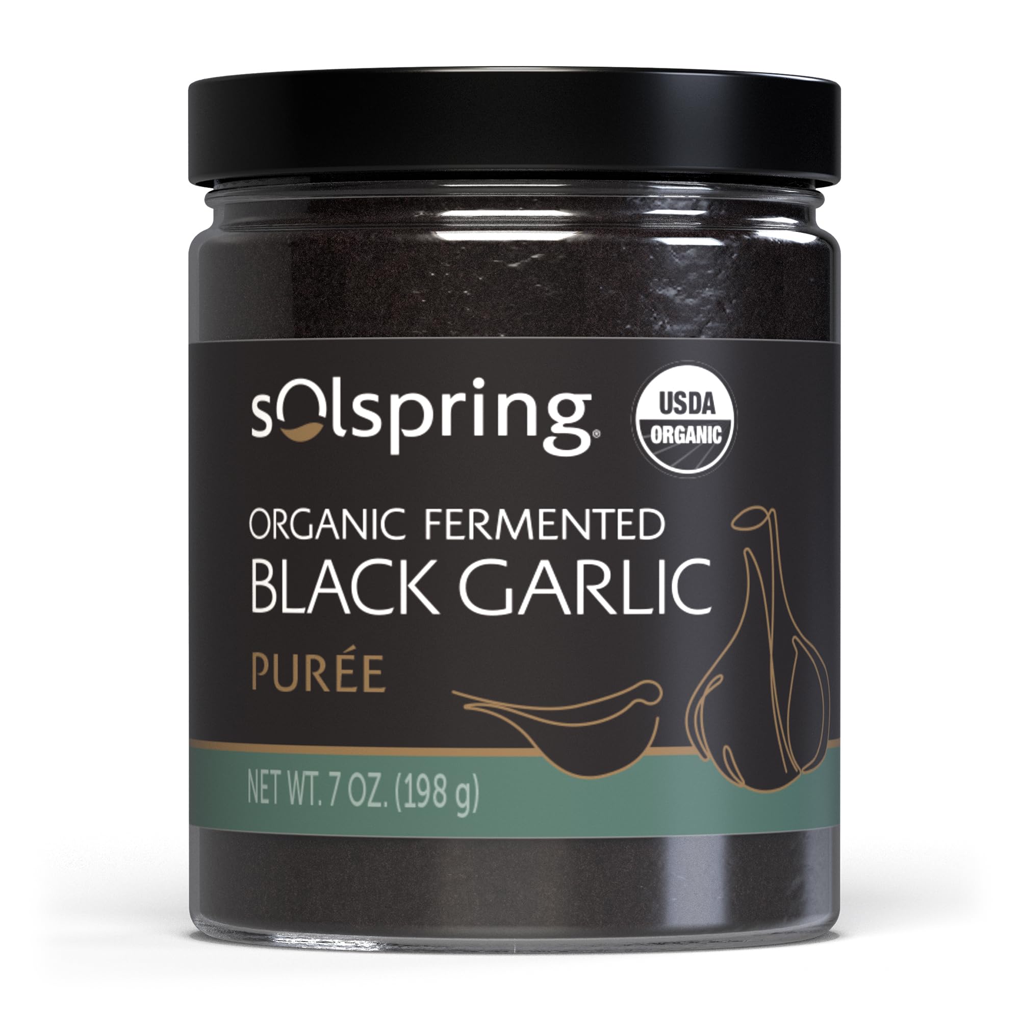 Dr. Mercola Solspring black garlic purée bottle pour enhances savory meals with deep umami.