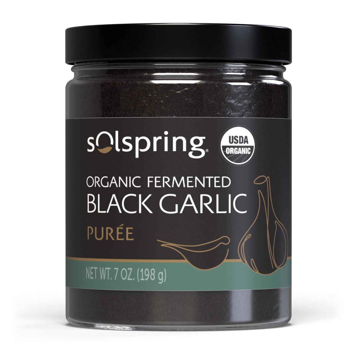 Dr. Mercola Solspring black garlic purée bottle pour enhances savory meals with deep umami.