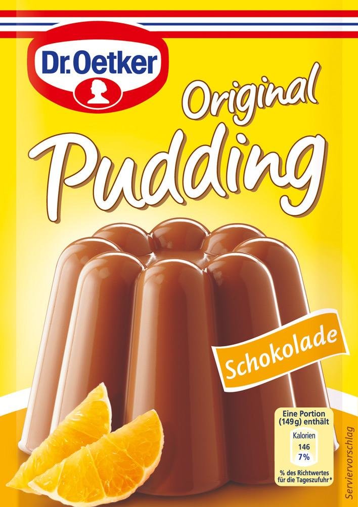 Dr. Oetker Chocolate Pudding 3-pack packaging; ready-to-serve dessert for family meals.