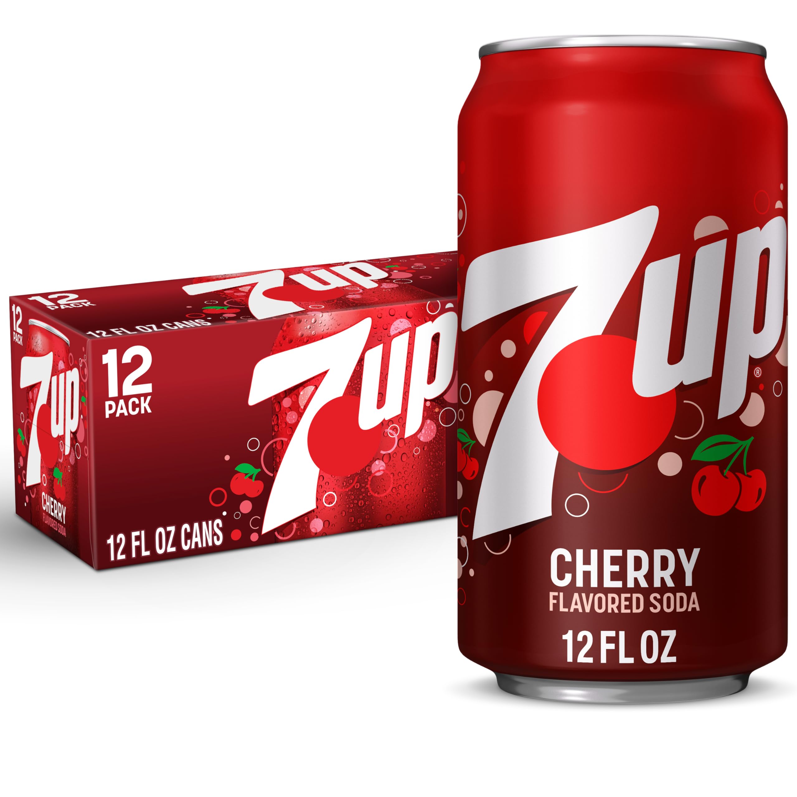 Dr Pepper 7UP Cherry soda can on ice with refreshing cherry flavor.