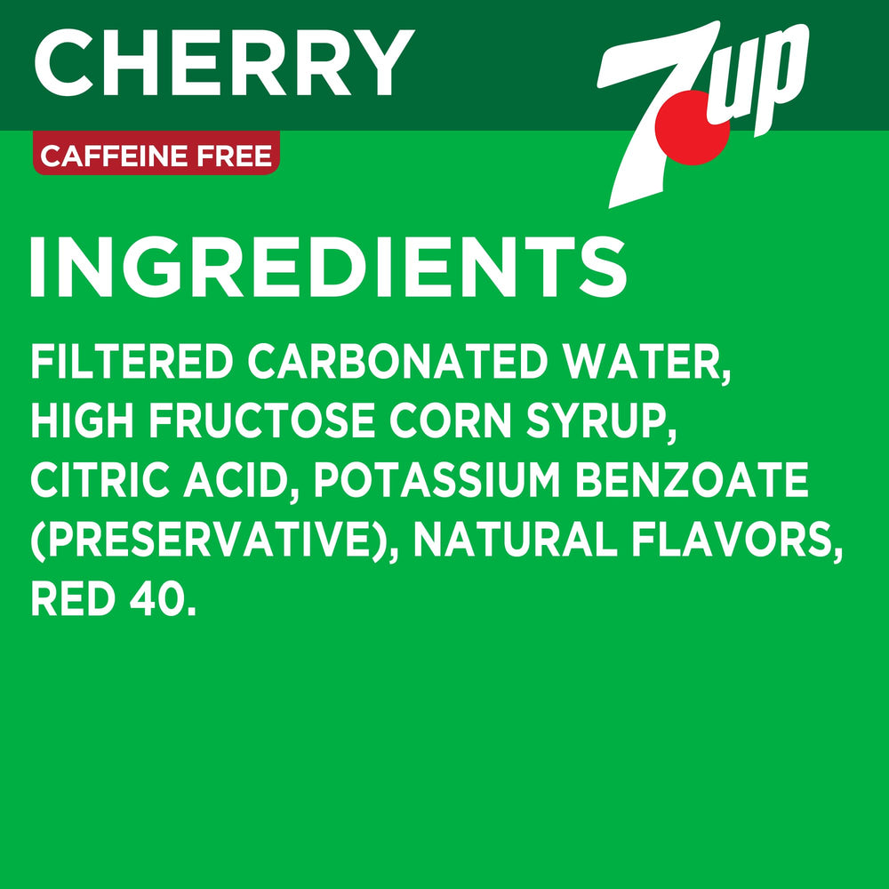 Chilled 7UP Cherry soda in a tall glass with ice and a cherry garnish.