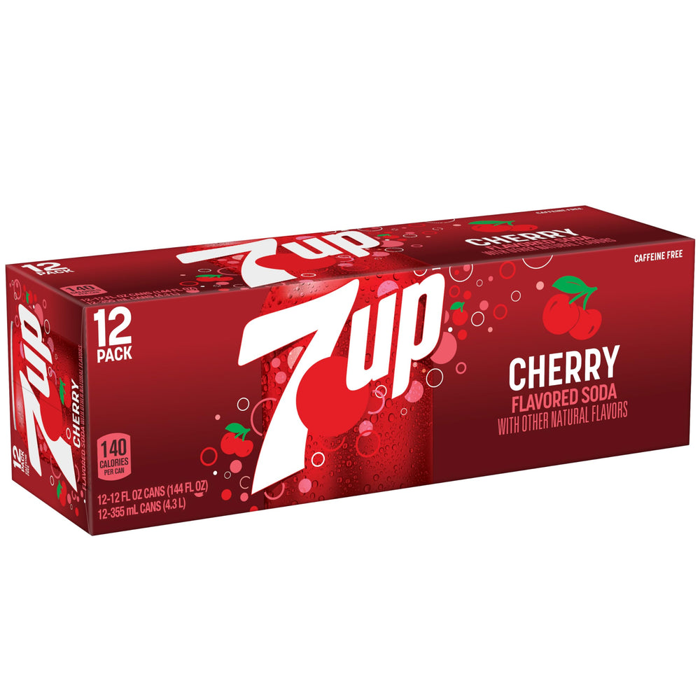 Close-up label of Dr Pepper 7UP Cherry showing caffeine-free option.