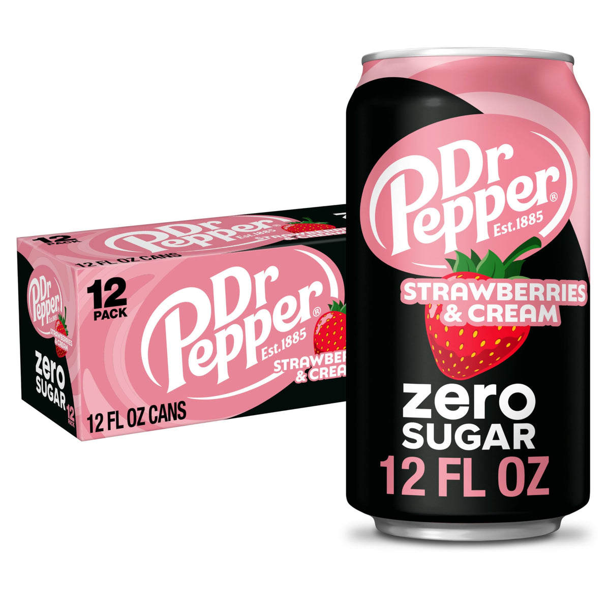 Dr Pepper Zero Strawberries & Cream can front view, a refreshing pick-me-up.