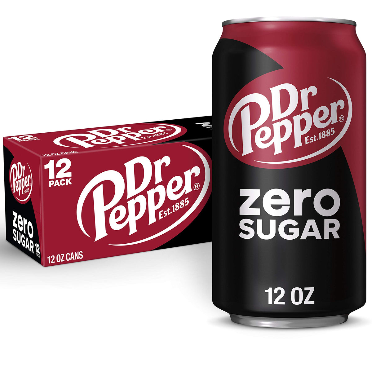 Dr Pepper Zero Sugar 12oz can front view, ideal for a refreshing pick-me-up.