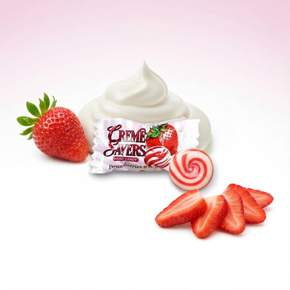 Office desk candy jar with Dr. Variety Creme Savers for quick treats.