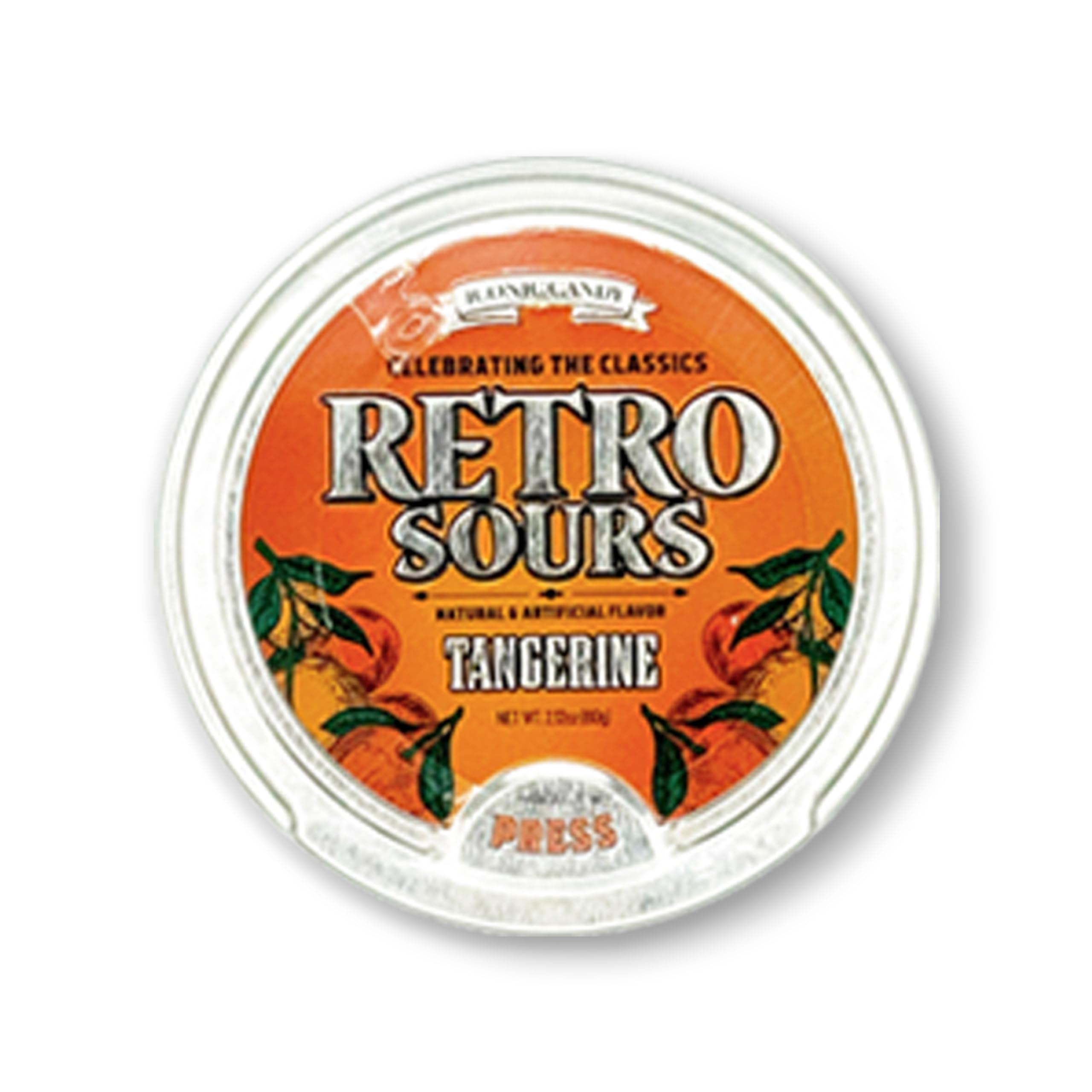 Close-up of Dr. Variety Retro Sours Tangerine drops highlighting tangy citrus flavor.