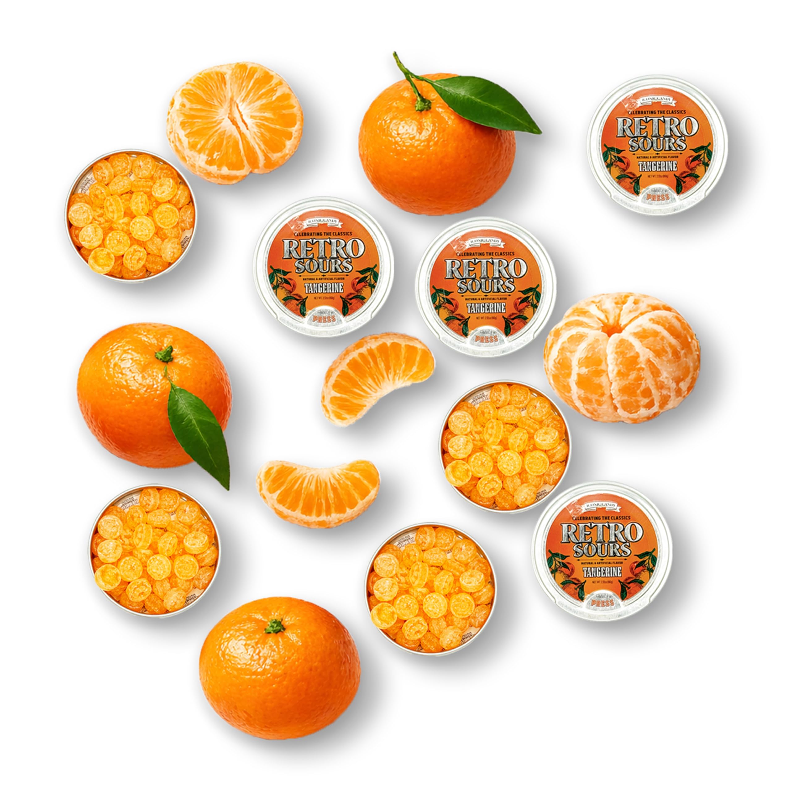 Gift-ready display featuring Dr. Variety Retro Sours Tangerine tins.