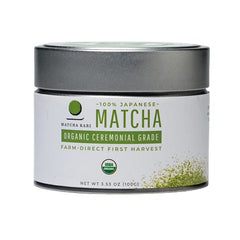 Matcha Kari Dr. Weil ceremonial tin front showing premium powder for whisking