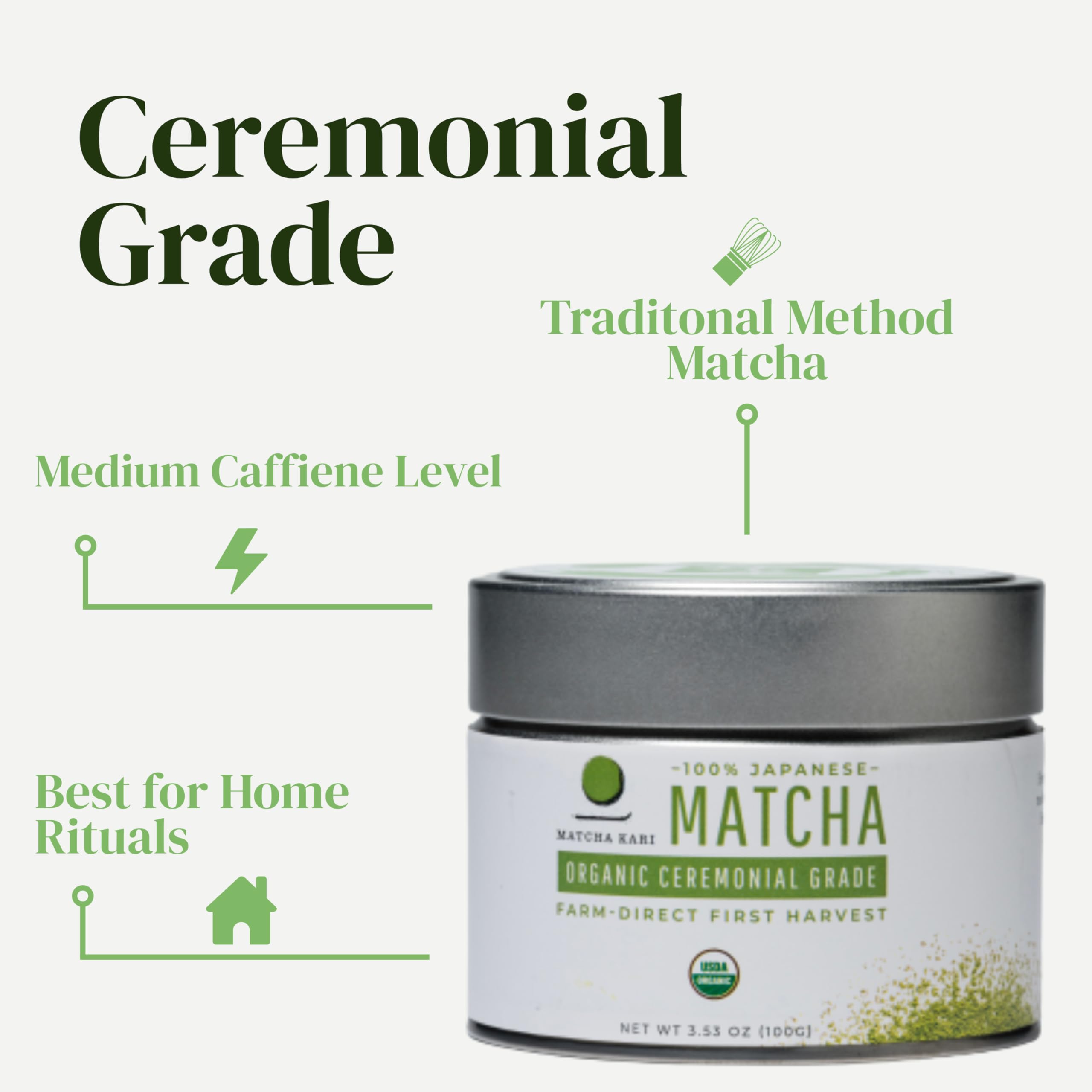 Open tin with vibrant green powder from Dr. Weil Matcha Kari