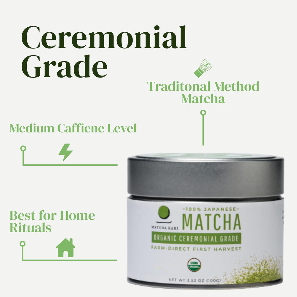 Open tin with vibrant green powder from Dr. Weil Matcha Kari