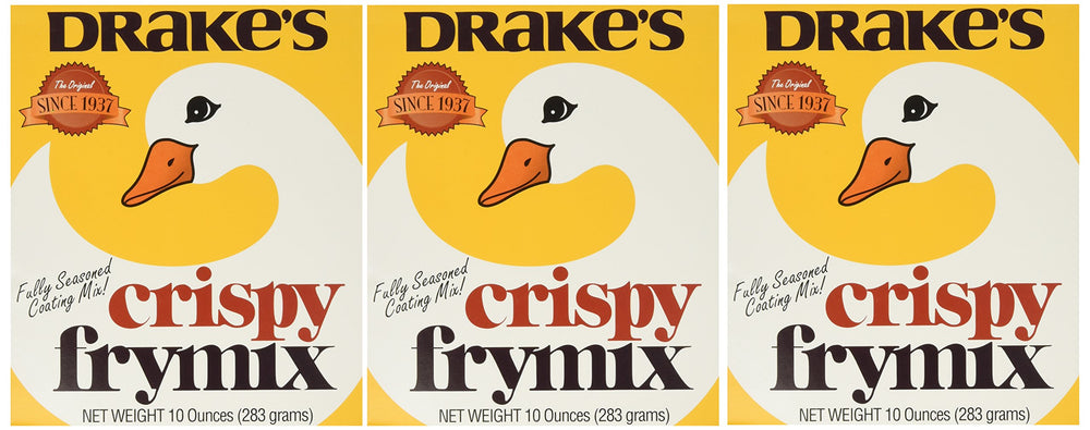 Drake's Crispy Frymix 10oz pack front showing convenient three-pack set for even coating