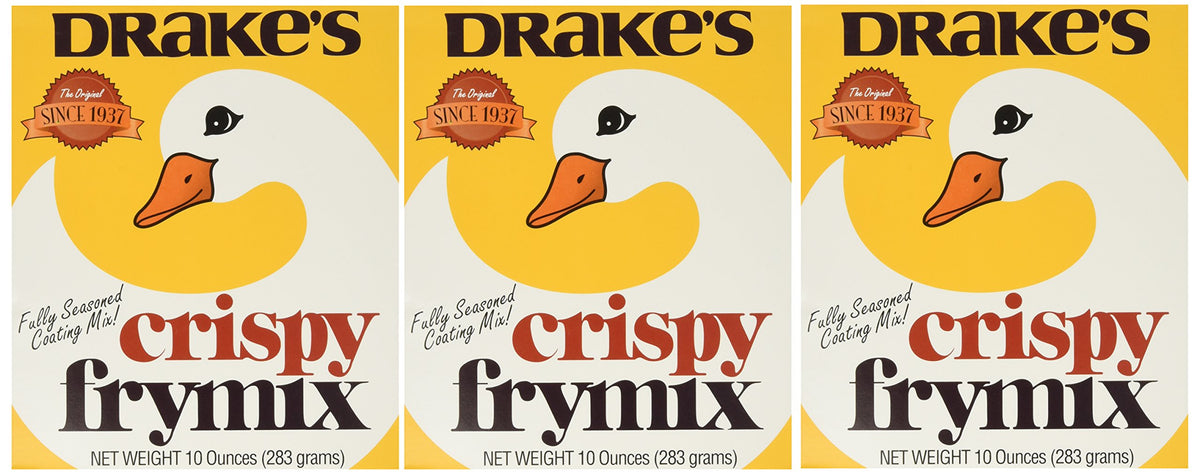 Drake's Crispy Frymix 10oz pack front showing convenient three-pack set for even coating