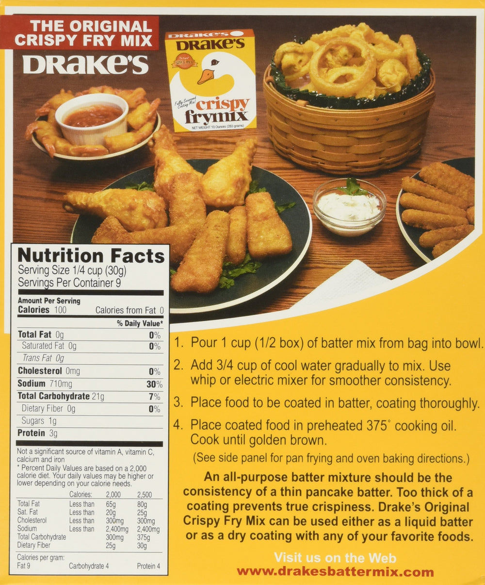 Drake's Crispy Frymix 10oz pack side view highlighting simple water-only prep