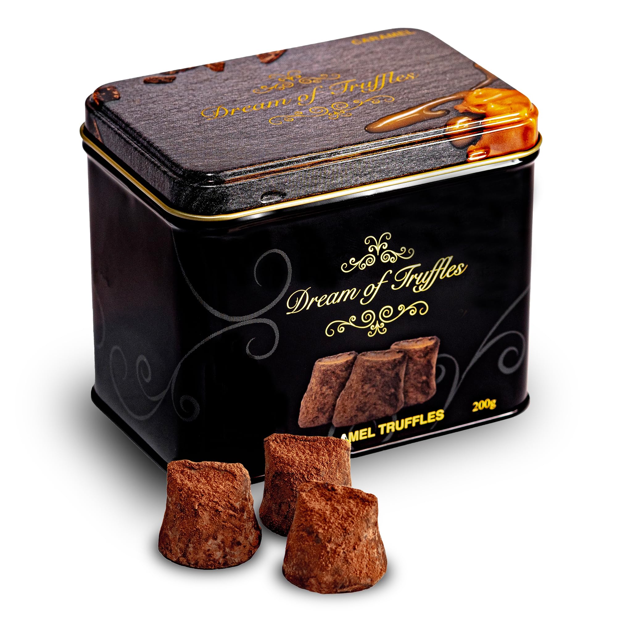 Dream of Truffles dark cocoa caramel truffles with silky center and premium flavor