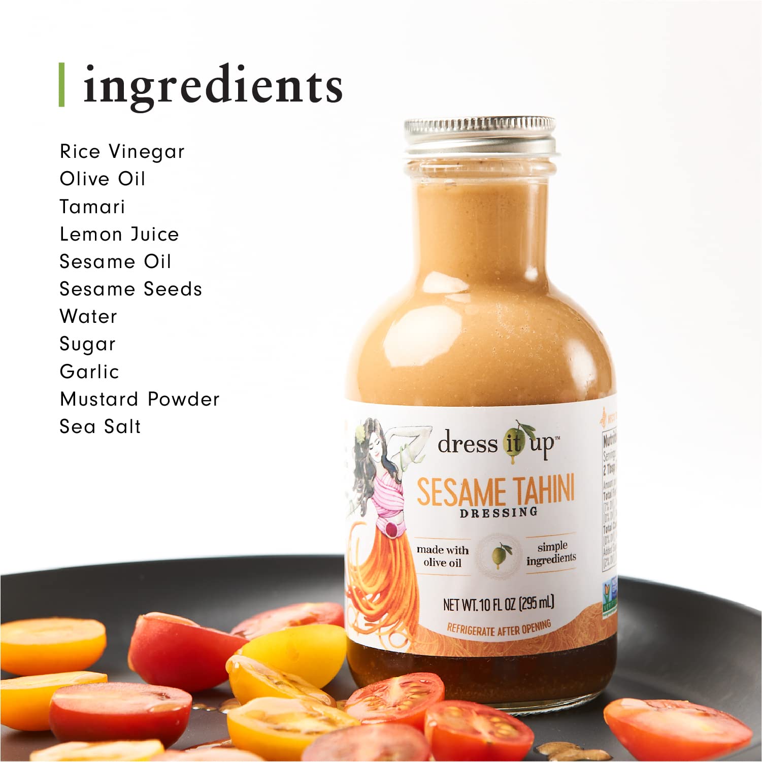 Dress It Up Sesame Tahini Dressing bottle-pour highlights smooth texture for bowls.
