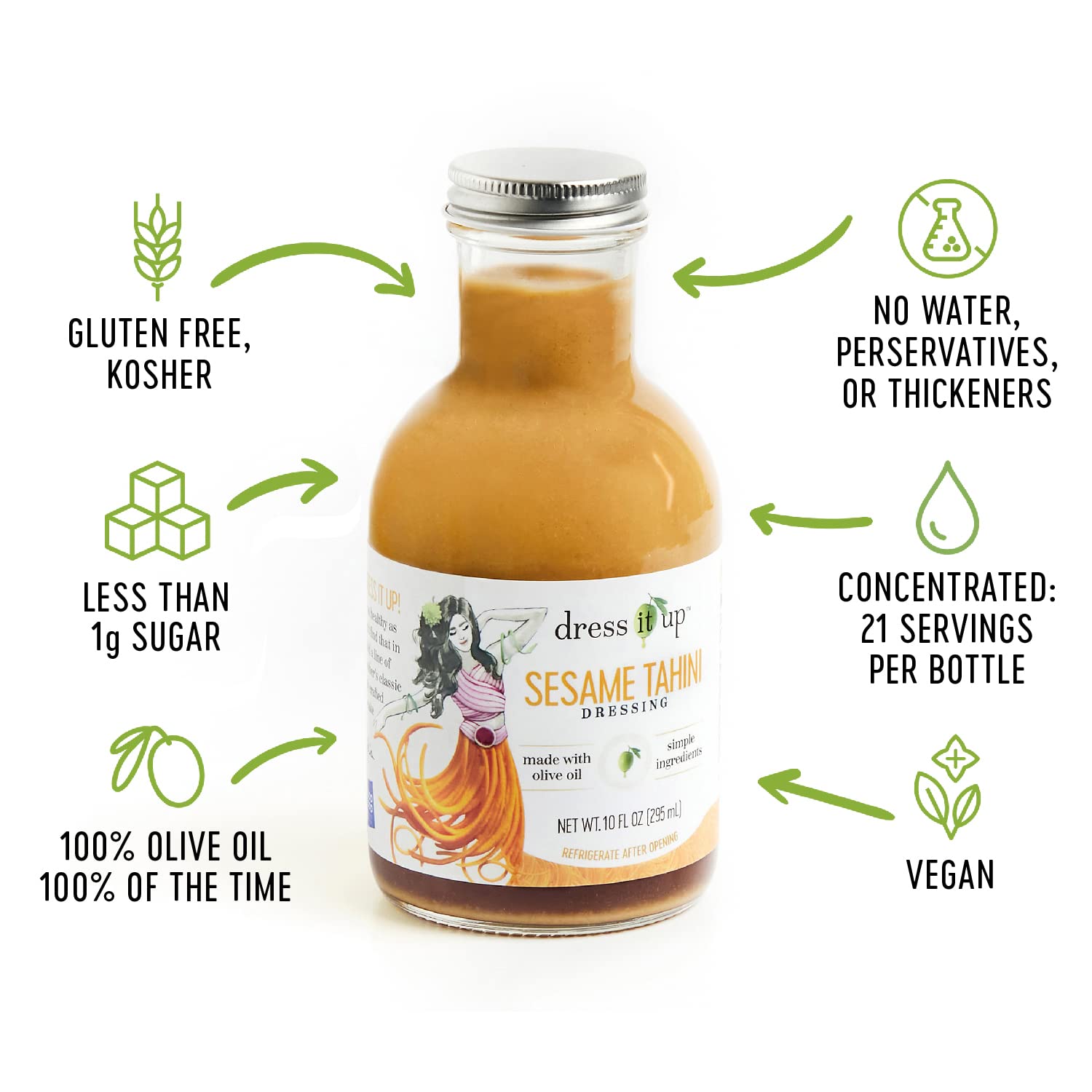 Dress It Up Sesame Tahini Dressing label-closeup emphasizes authentic sesame notes.