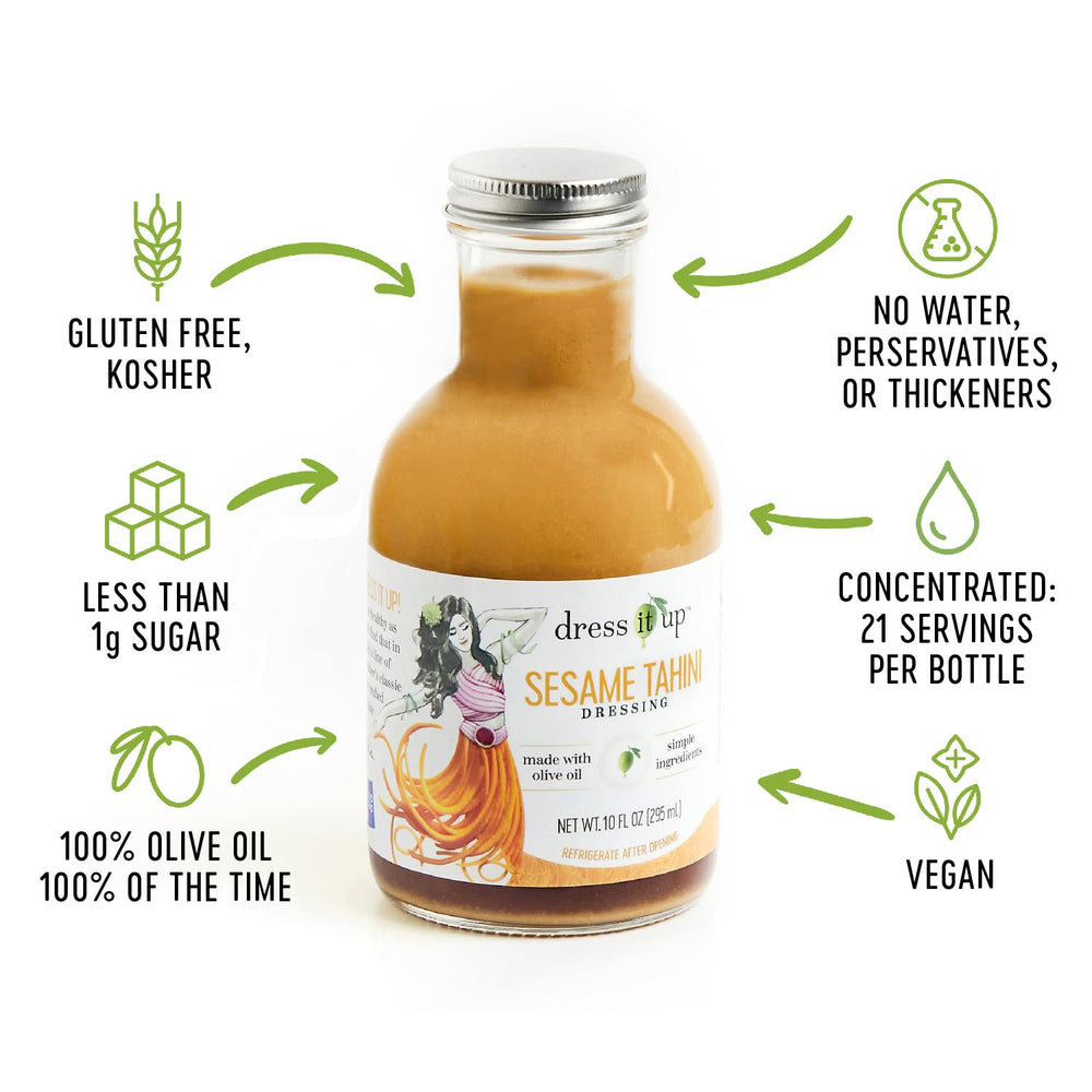 Dress It Up Sesame Tahini Dressing label-closeup emphasizes authentic sesame notes.