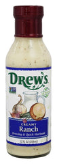 Drew's All Natural Buttermilk Ranch bottle front showing creamy texture and wholesome ingredients.