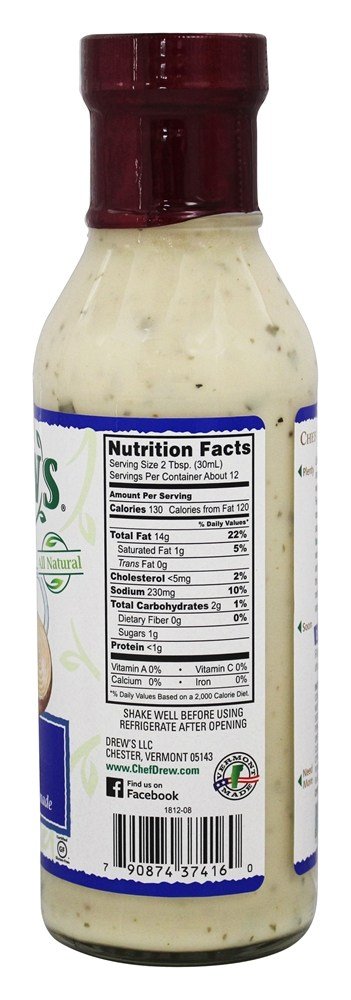 Drew's All Natural Buttermilk Ranch bottle pour ideal for salads and dipping.