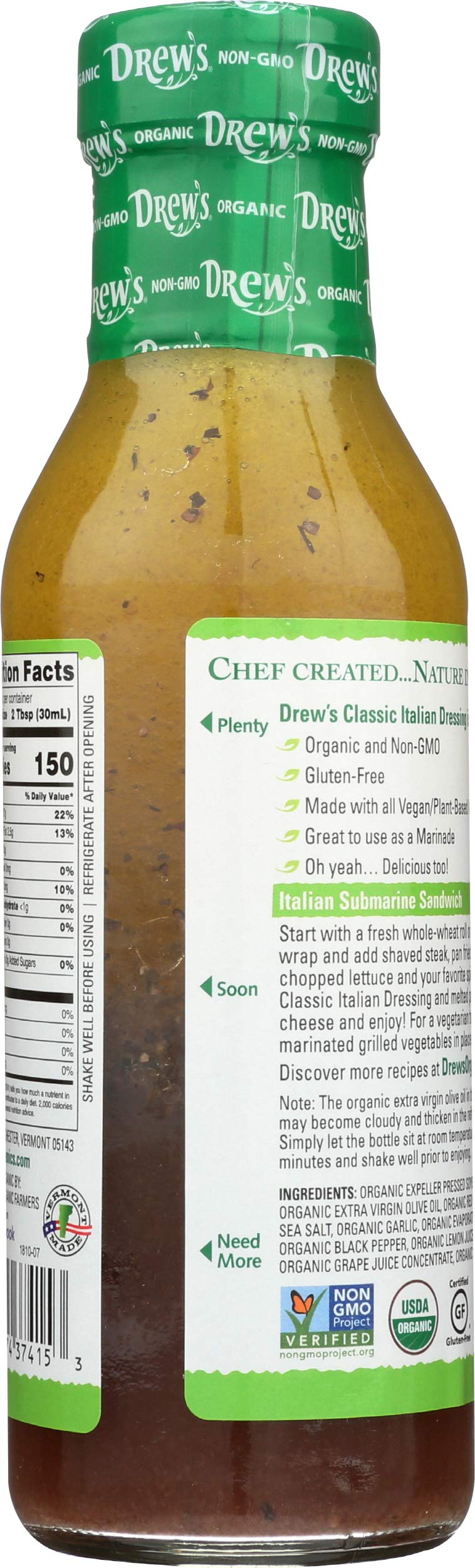 Drew's Italian Dressing glass bottle stored in a pantry.