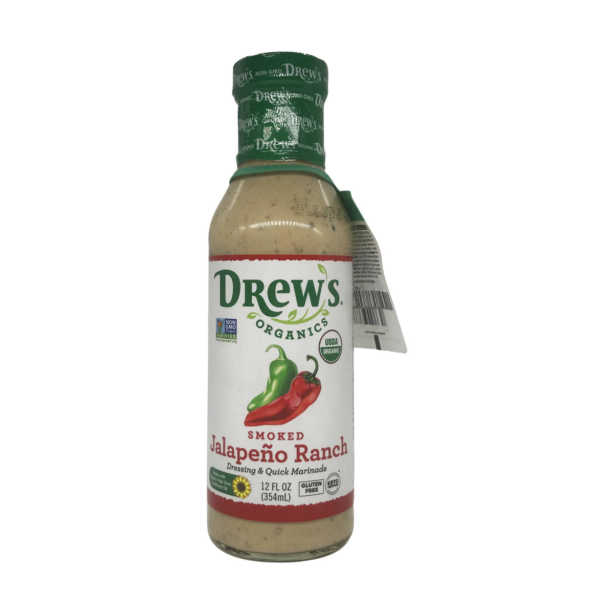 Drew's All Natural Organic Smoked Jalapeño Ranch Dressing bottle pouring over greens