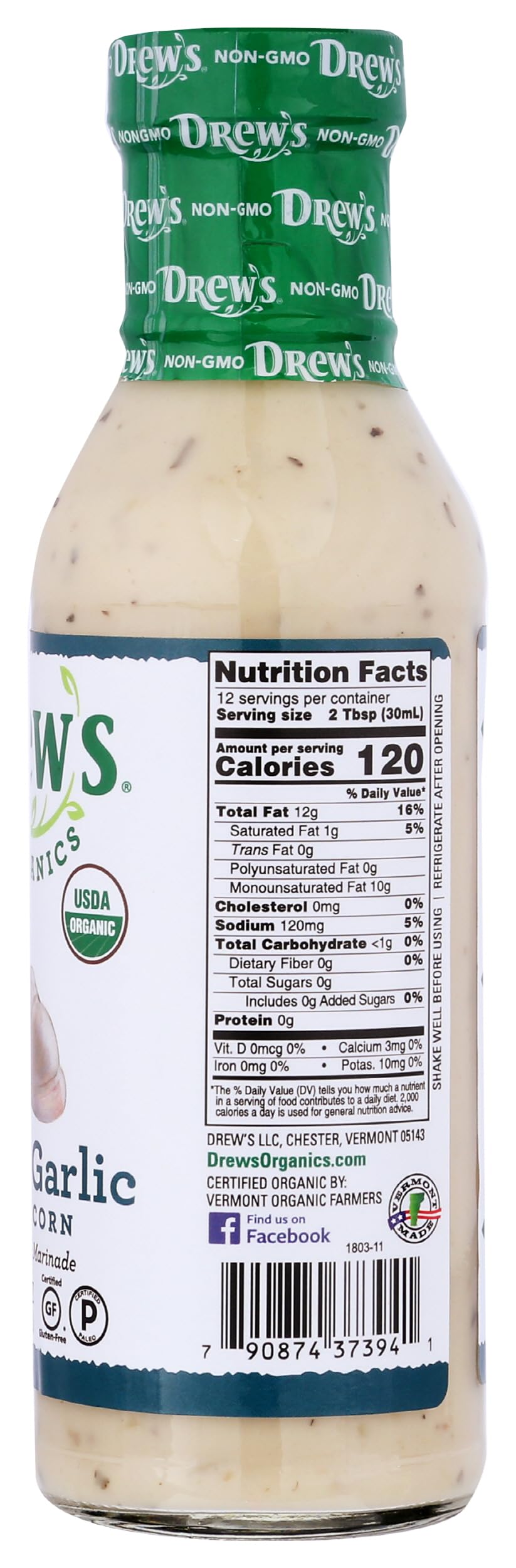 Packaging label and 12-ounce bottle size of Drew's dressing