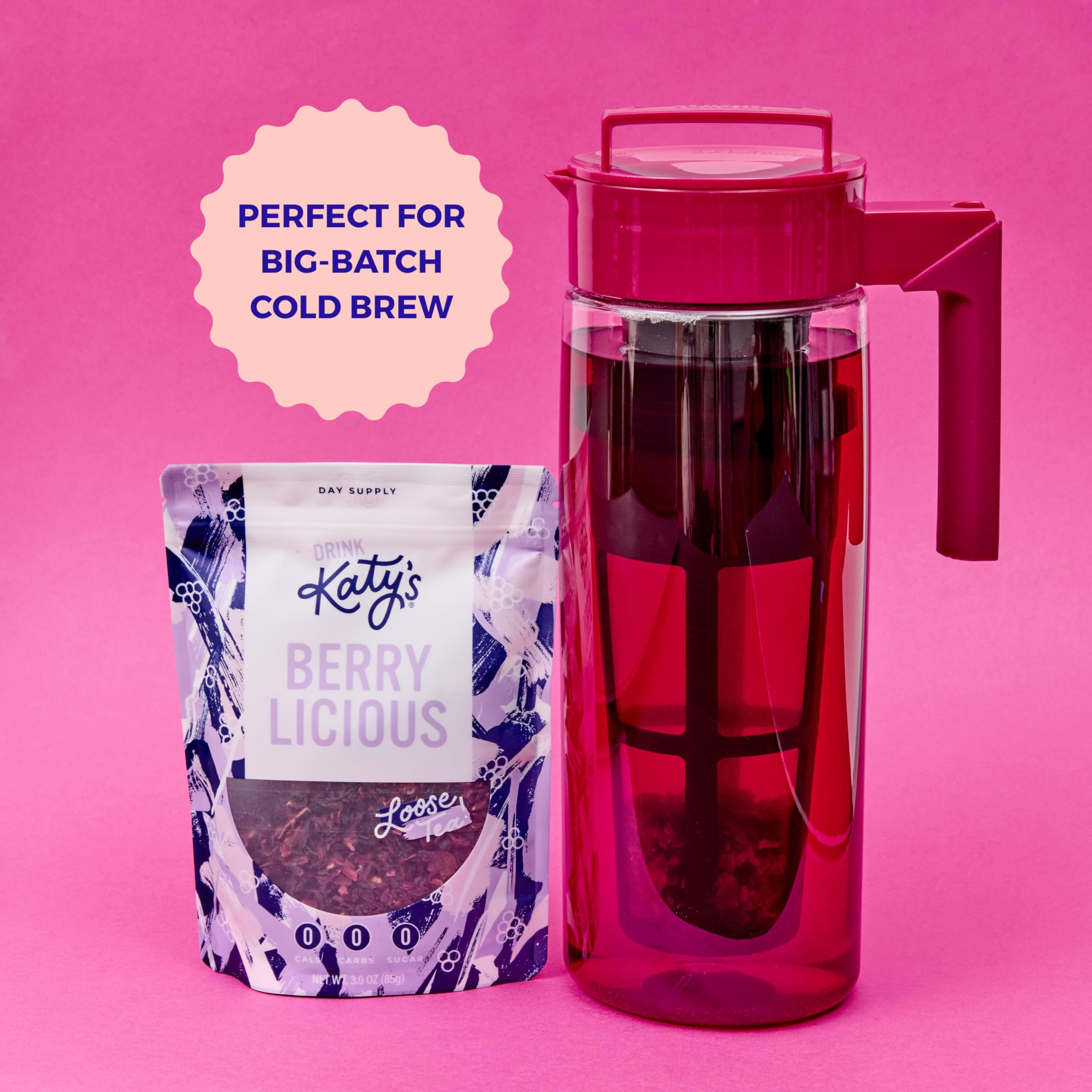 Drink Katy's Berry Tea resealable pouch preserves freshness and flavor.