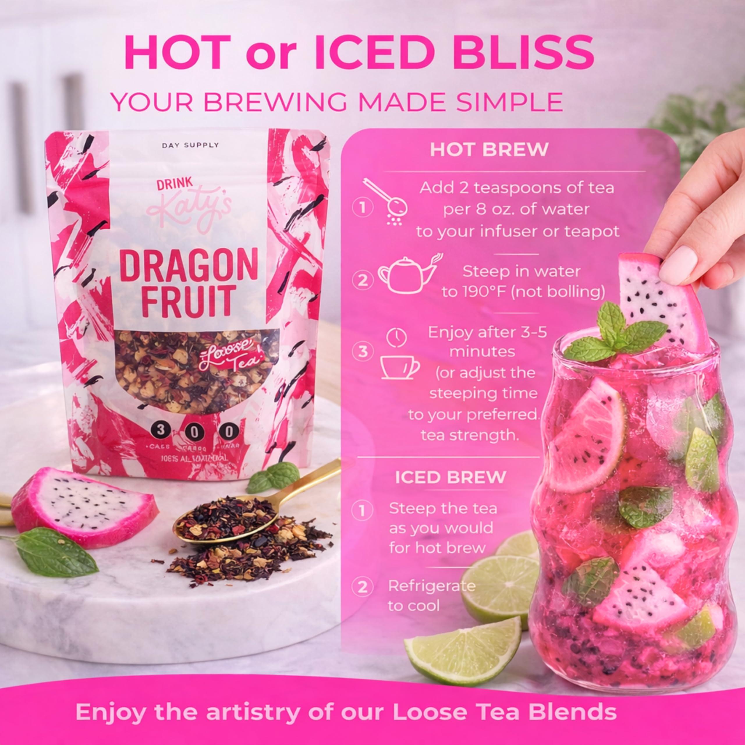 Pitcher of cold brew Katy's Dragonfruit Tea, ideal for hydration.