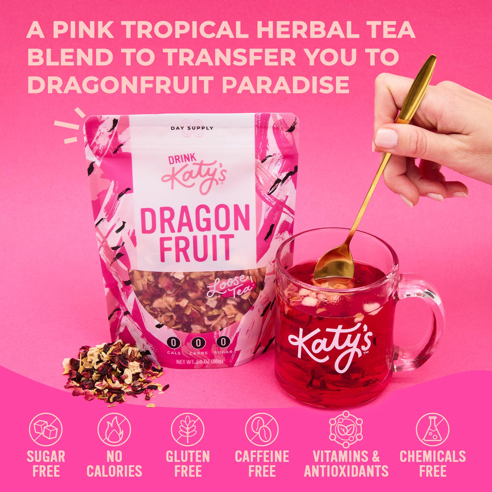 Drink Katy's dried dragonfruit and pineapple pieces highlight real ingredients and aroma.
