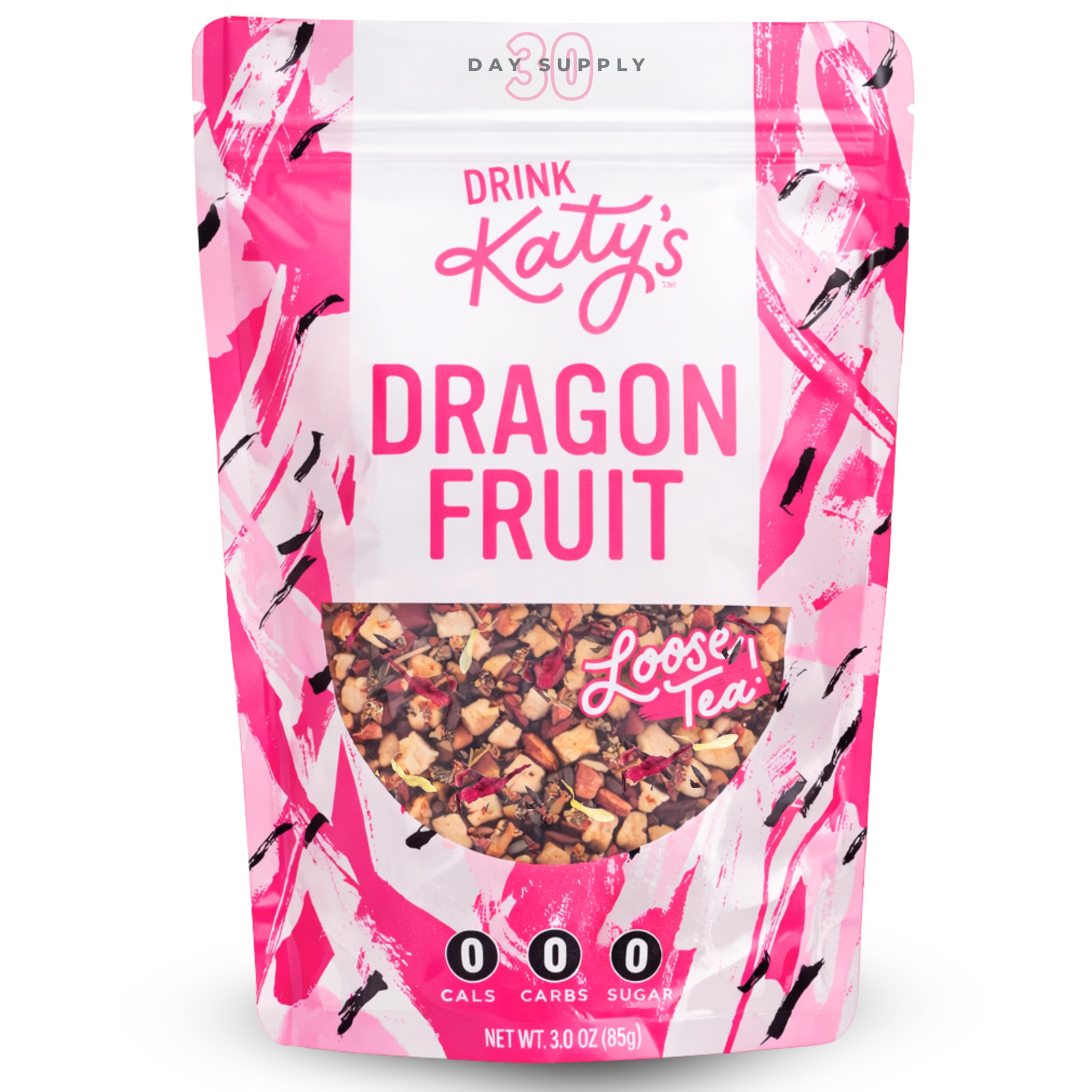 Drink Katy's Dragonfruit Tea pouch front, caffeine-free herbal blend.