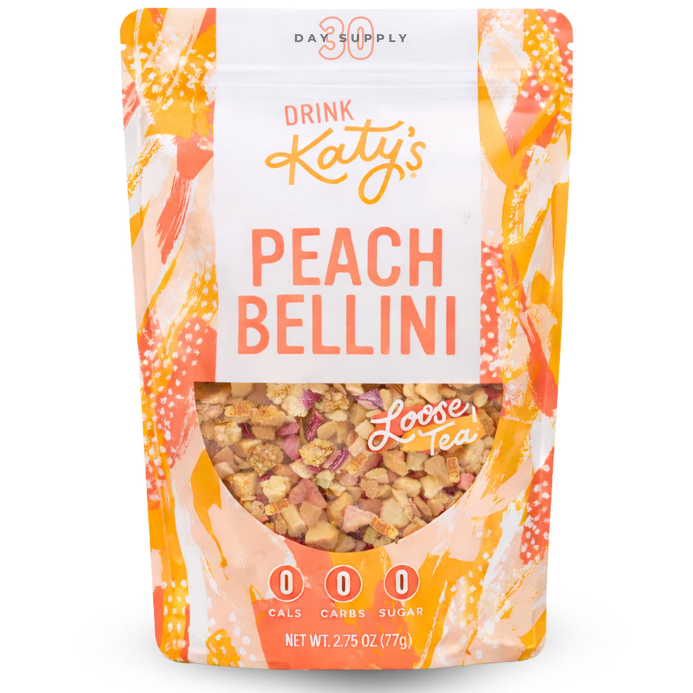 DRINK KATY'S Peach Bellini loose tea with apple-peach-mango aroma for refreshing flavor.