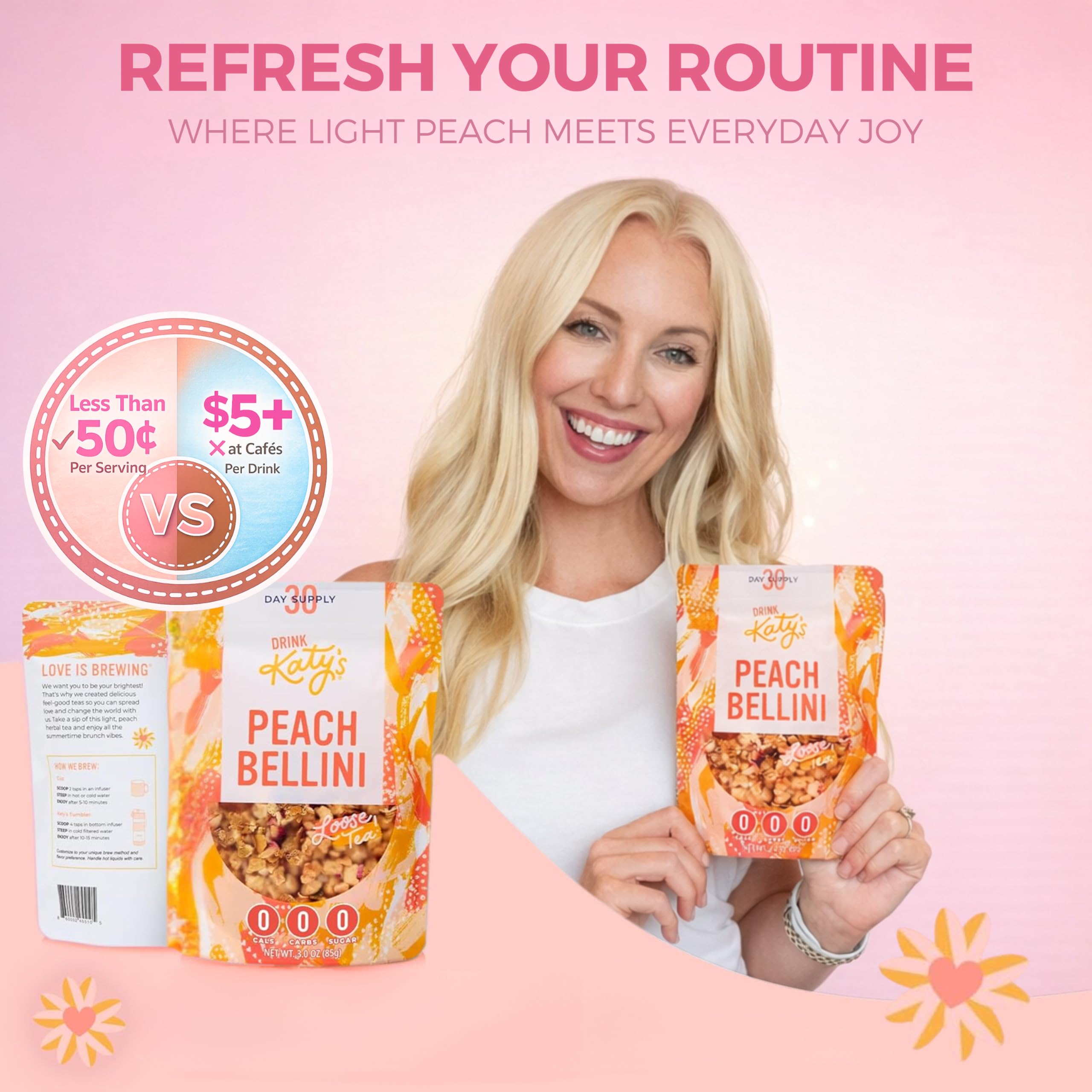 DRINK KATY'S Peach Bellini loose tea in cup with rich color and aroma.