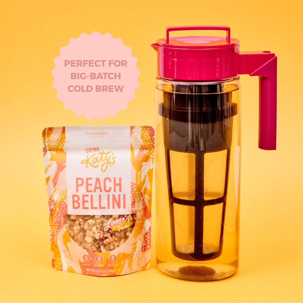 DRINK KATY'S Peach Bellini loose tea with dried-fruit pieces for full flavor.