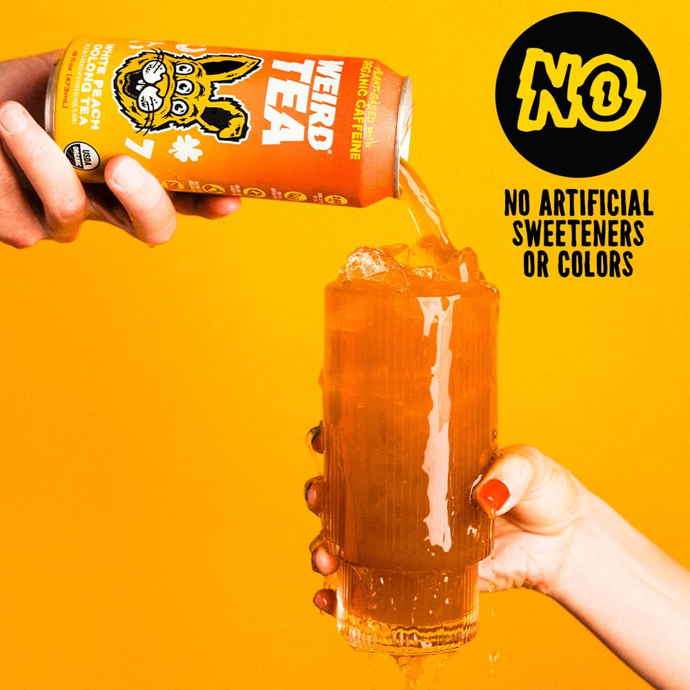 Drink Weird vegan gluten-free label on can for dietary-friendly choice.