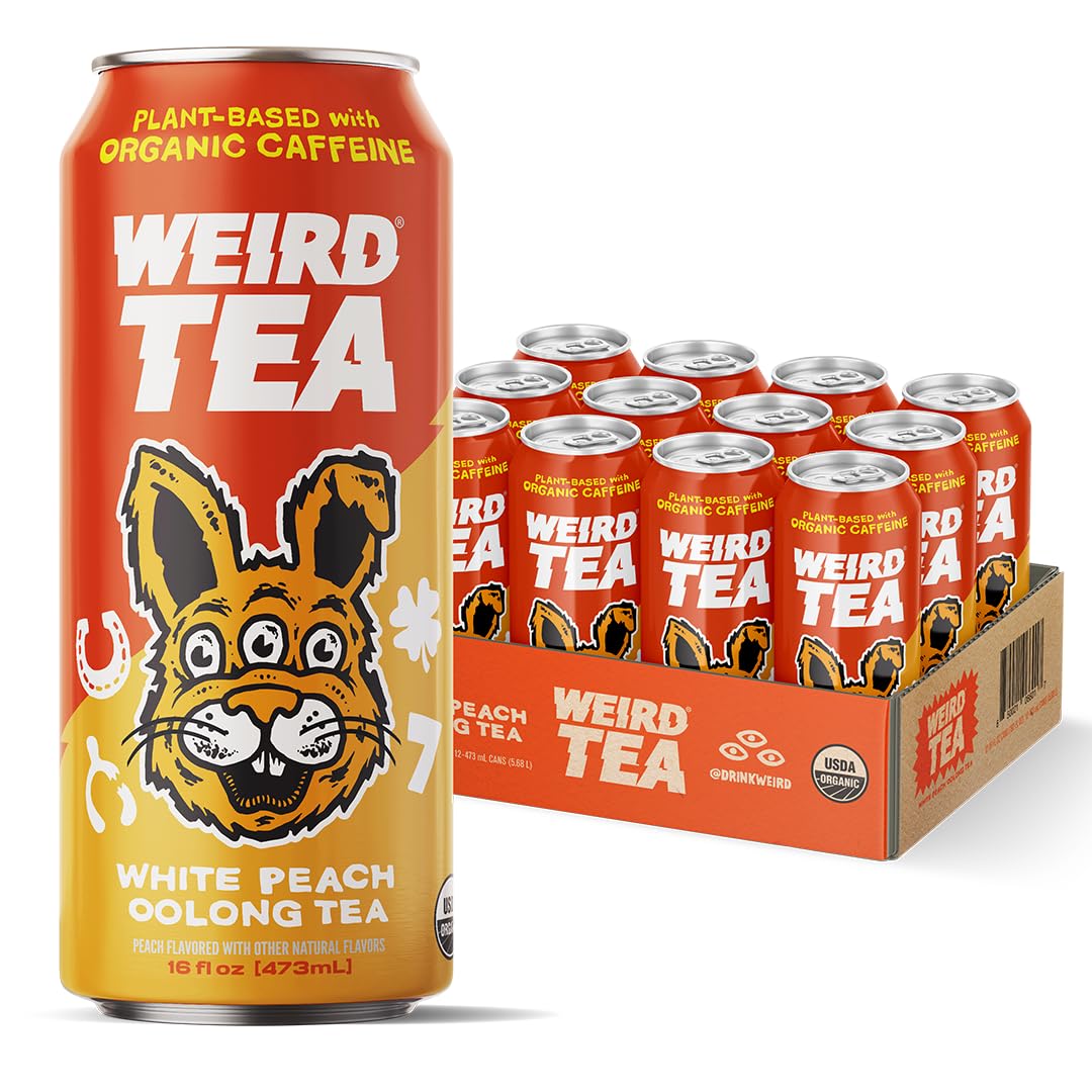 Drink Weird White Peach Oolong Tea can close-up for an on-the-go energy boost.
