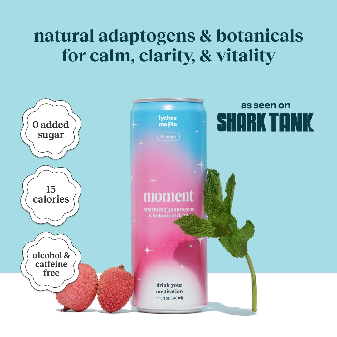 Adaptogen bottle close-up on Moment Mocktails with ashwagandha and L-theanine.