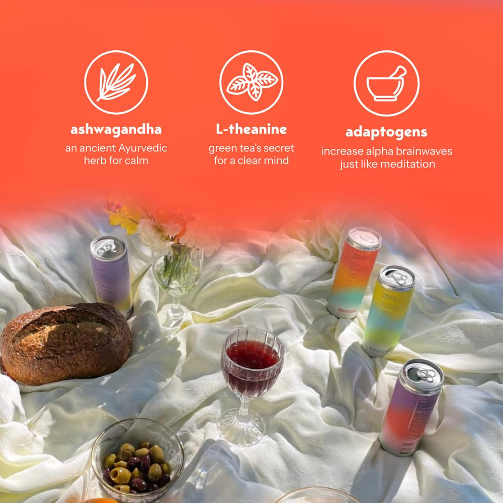 Moment Adaptogen Drink bottle-side label highlights L-theanine and ashwagandha for mood support