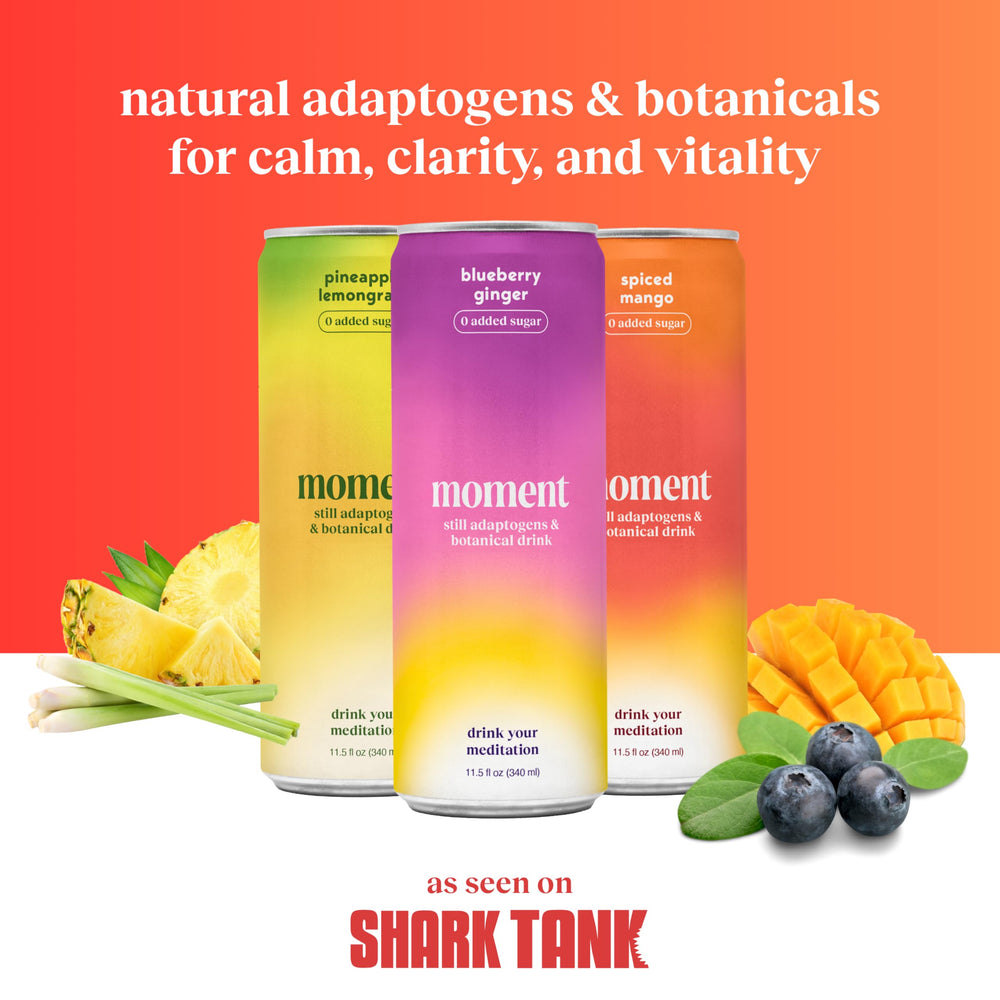 Moment Adaptogen Drink can close-up emphasizes zero sugar and no caffeine for a healthier choice