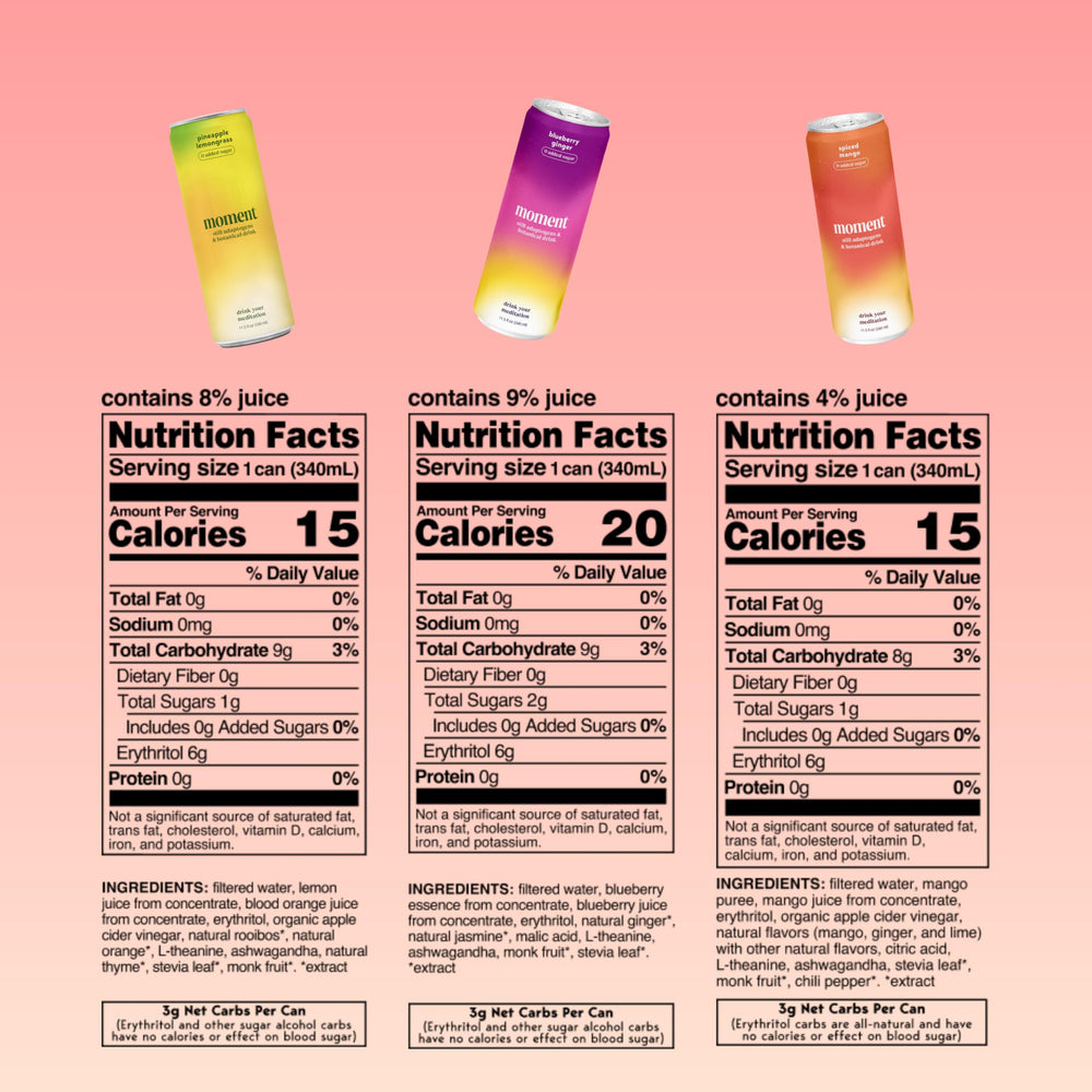 Moment Adaptogen Drink variety-pack flavors display vibrant options for mindful tasting