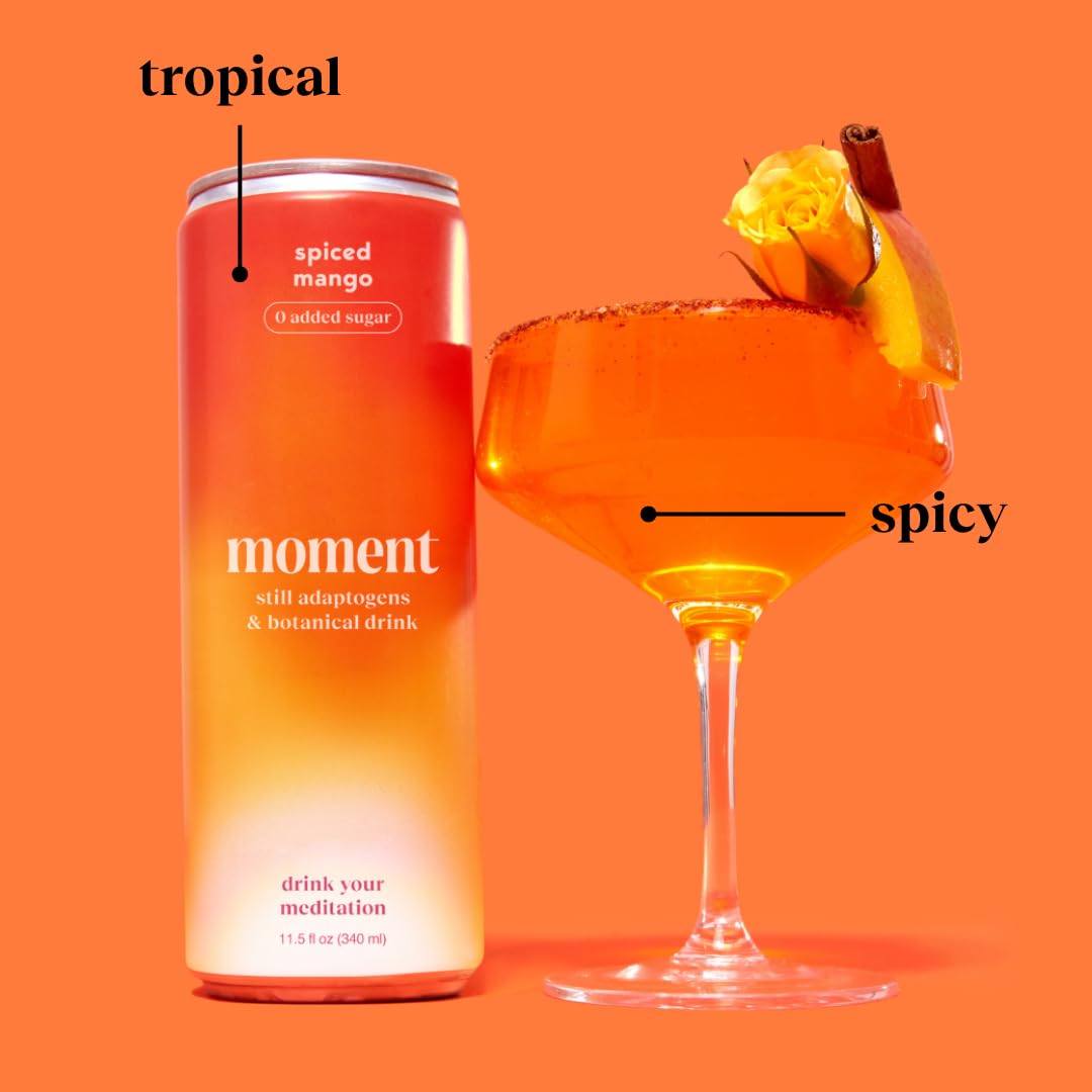Close-up of Moment Adaptogen label highlighting mango flavor and natural ingredients