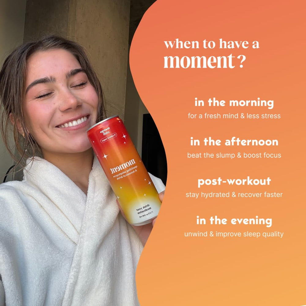 12-pack carton of Moment Adaptogen drinks for daily routines