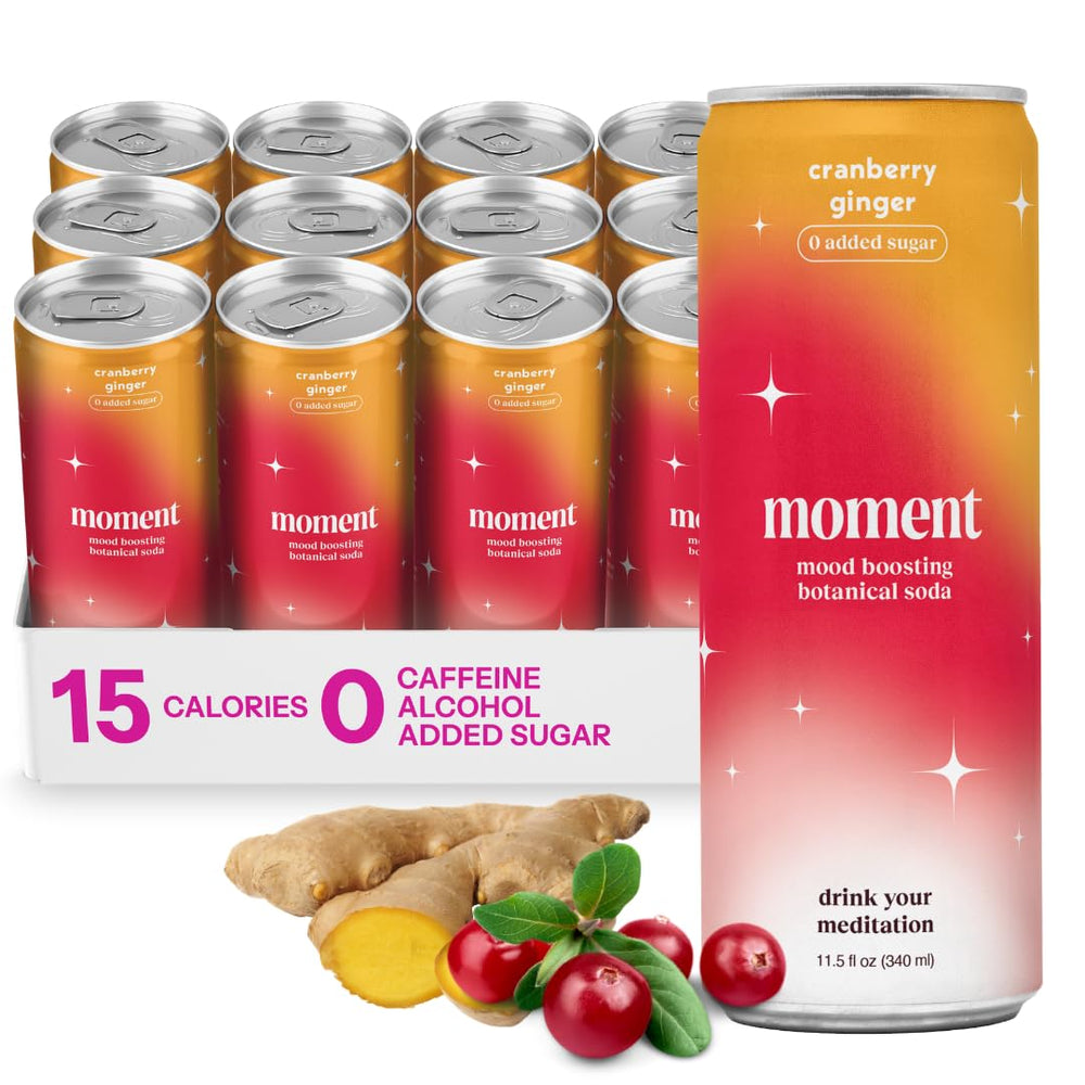Moment Botanical Soda cranberry-ginger bottle, crisp and refreshing for a mindful sip