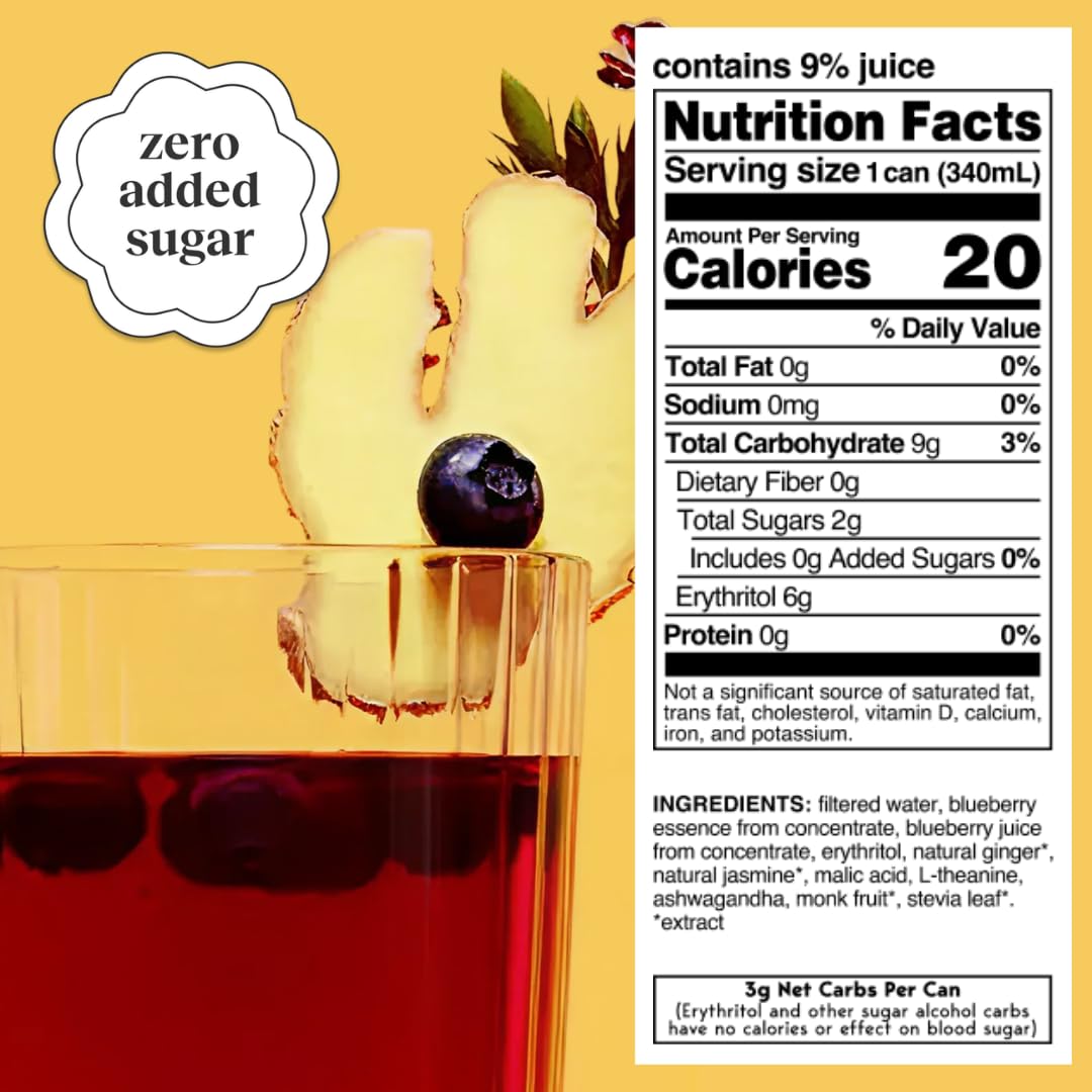 Drink Your Meditation Moment ingredients close-up shows blueberries and ginger for natural flavor and wellness support