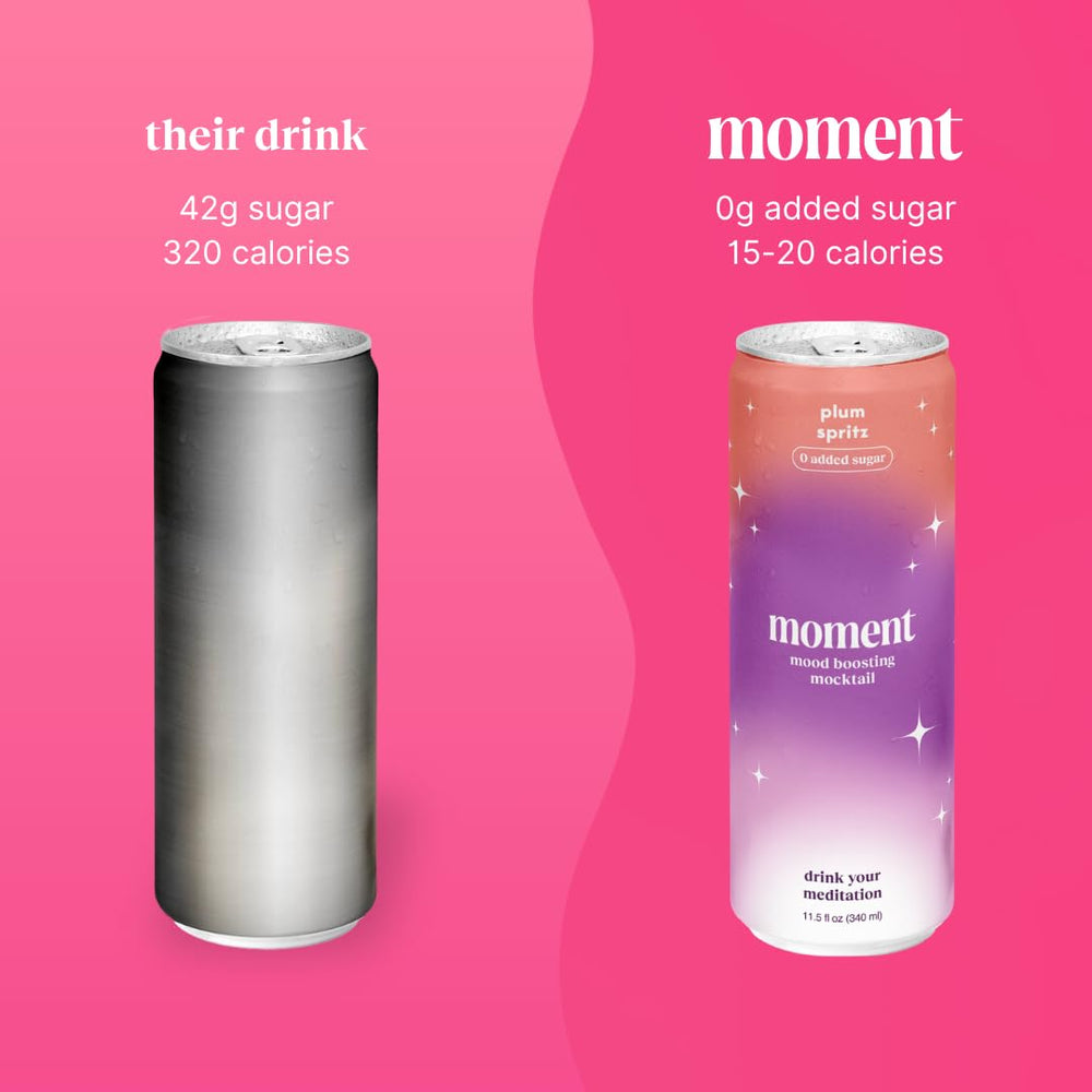 Moment Mocktails plum spritz glass with garnish showing refreshing, caffeine-free option