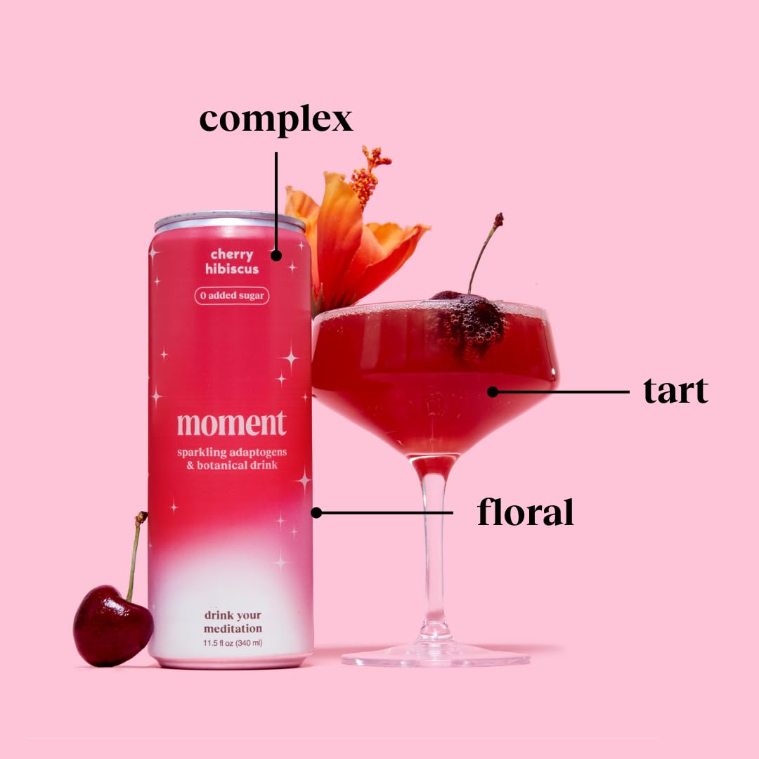 Moment Mocktails ingredients cherries hibiscus cinnamon show natural components for flavorful sipping.