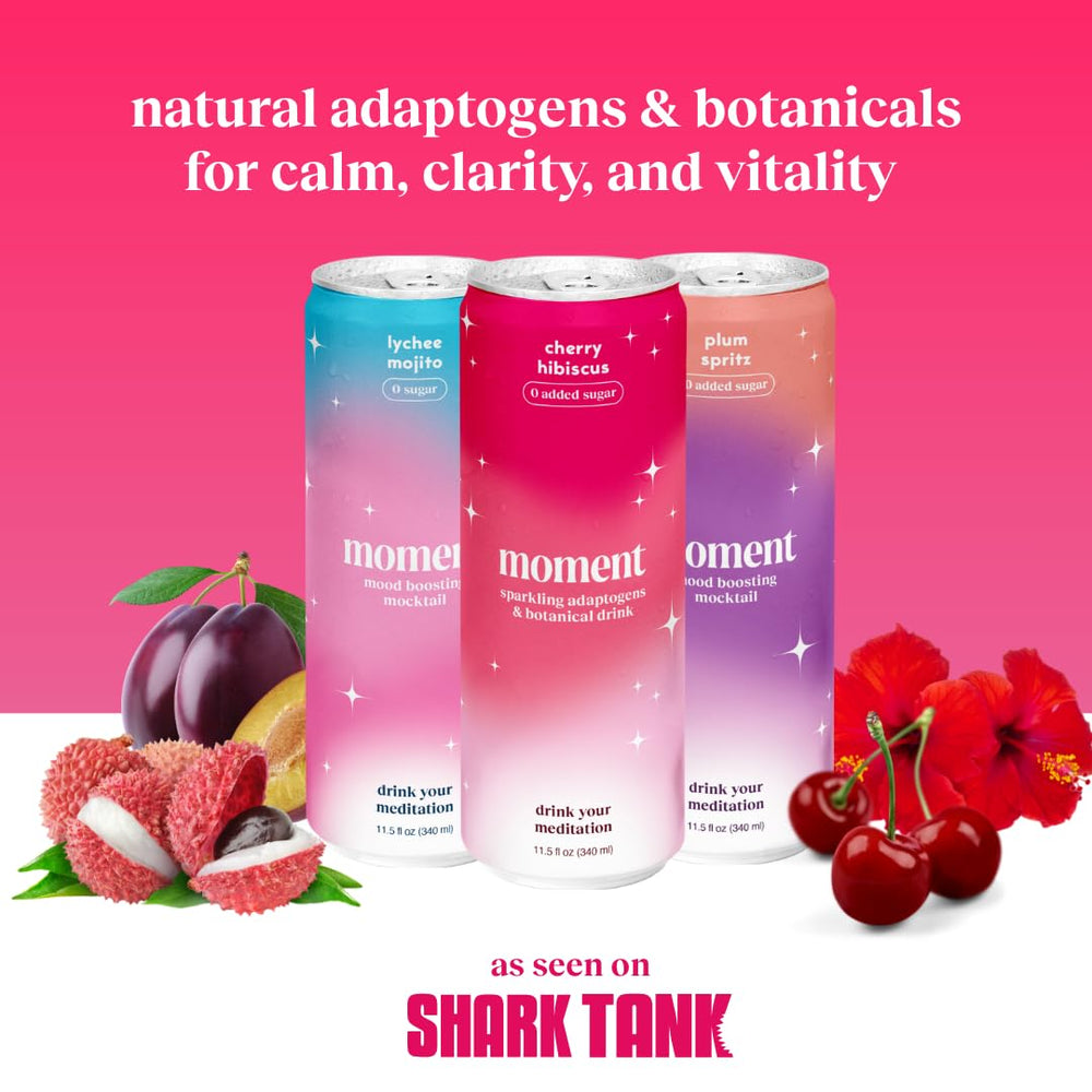 Moment Mocktails plum spritz can on ice showing zero-sugar, mood-supporting option