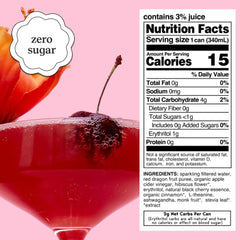 Moment Mocktails label closeup highlights real cherries and hibiscus for a vibrant sip.
