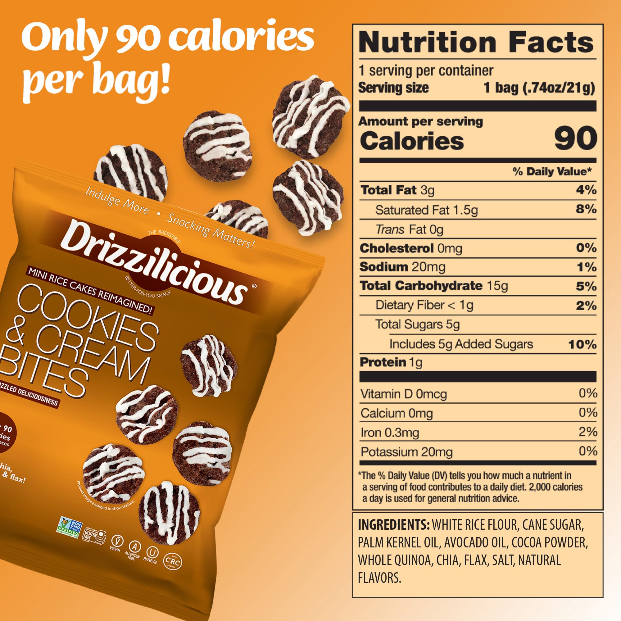 Drizzilicious 90 calories per bag graphic, lighter snacking option