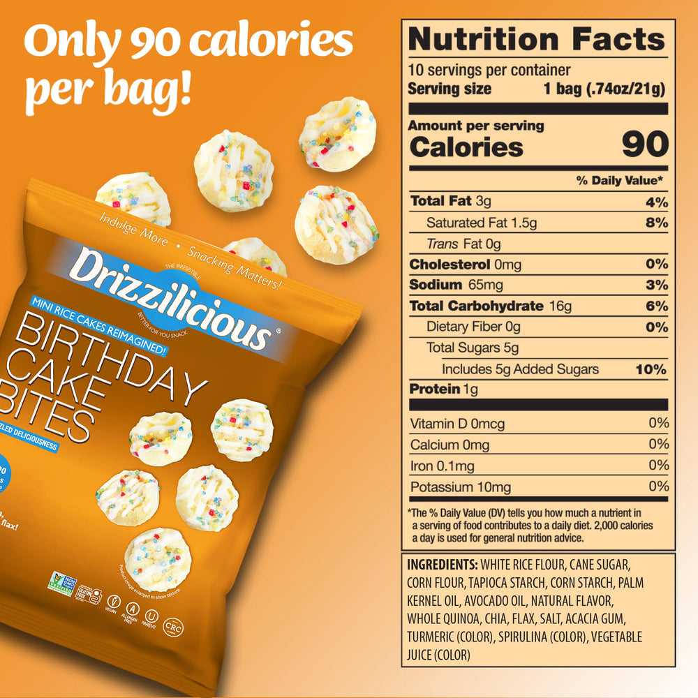Drizzilicious Birthday Cake bites bag, festive flavor for lunchboxes